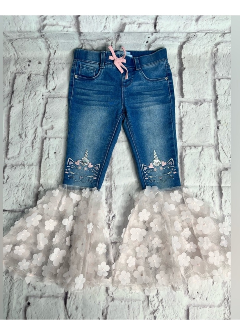 Girls Unicorn Embroidered Flare Jeans, Floral Tulle Bell Bottoms, Size 6X